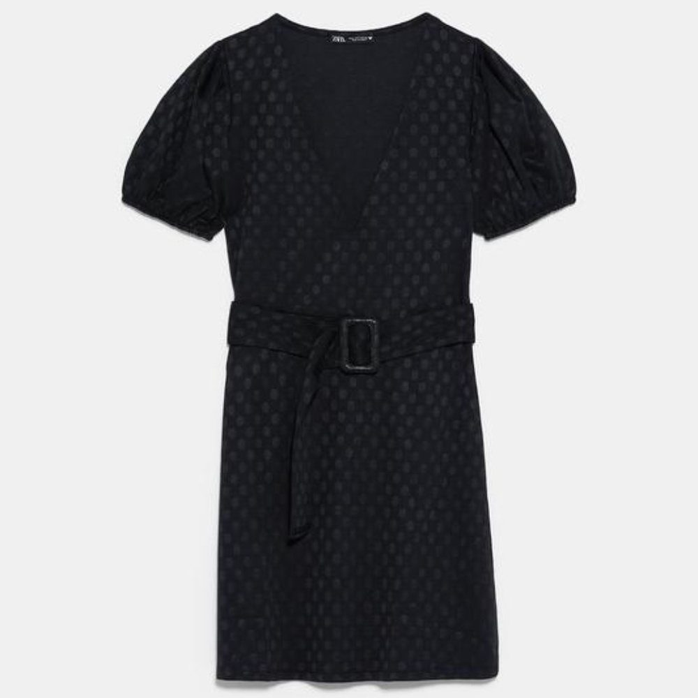 NWT Zara Dress Small Black Voluminous Textured Polka Dot Mini Belted V Neck - Picture 2 of 10